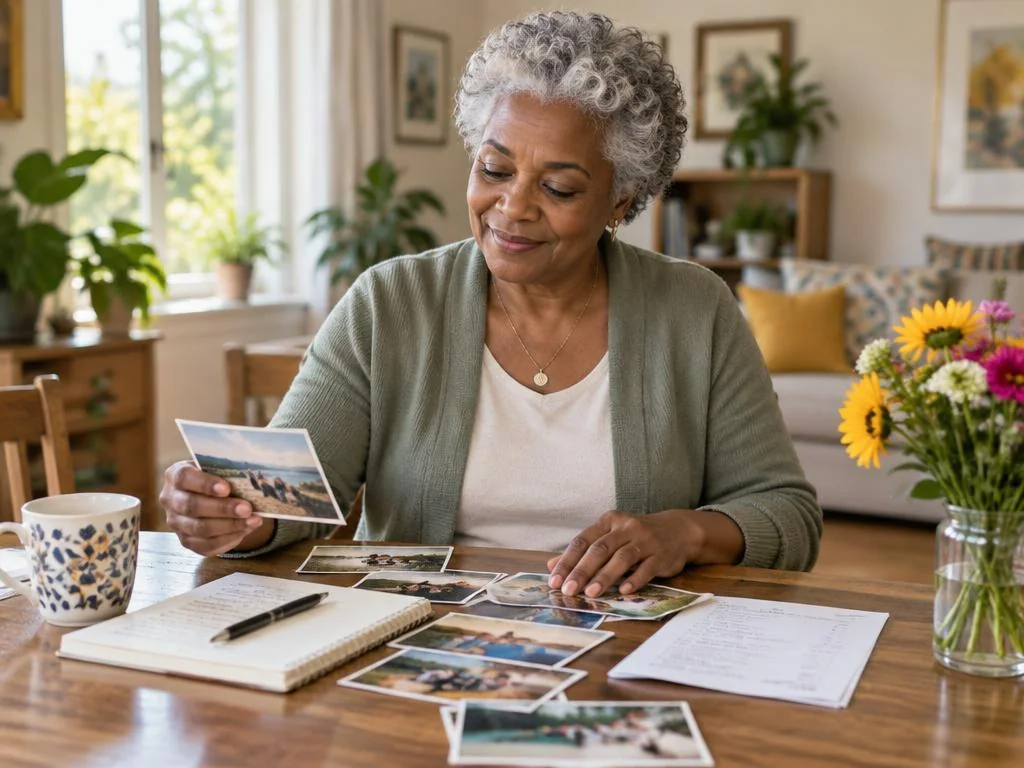 An adult choosing meaningful photographs beside flowers, a notebook and a playlist page.