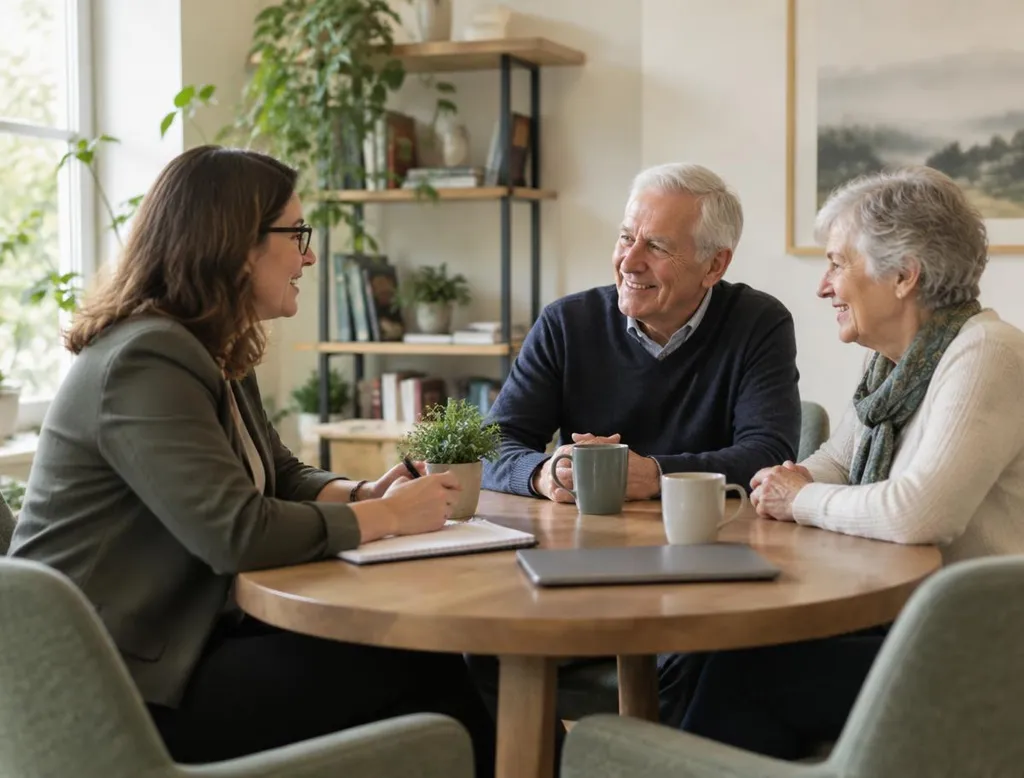 A professional in relaxed conversation with an older couple at a small round table.