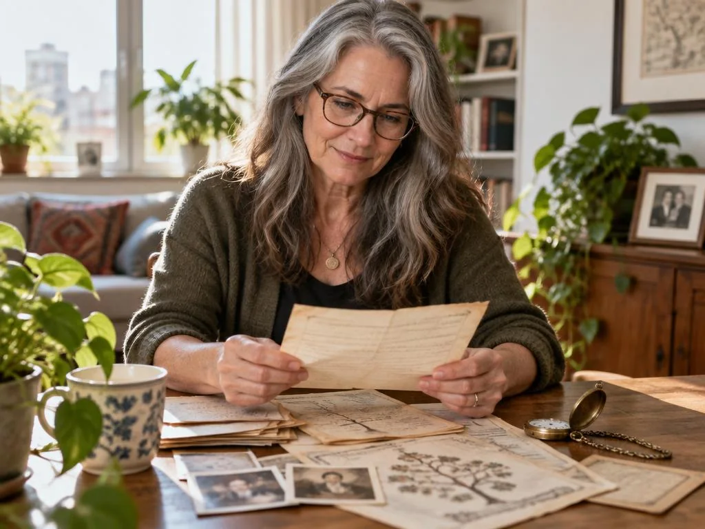 An adult examining family letters, genealogy notes and an heirloom pocket watch.