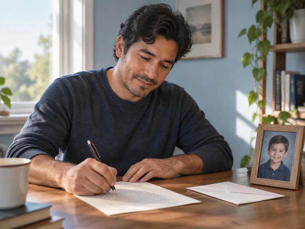 A parent writing a future letter beside an envelope and a child’s school photograph.