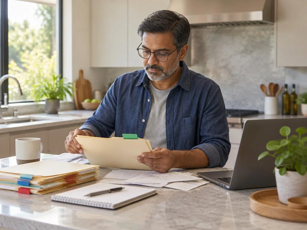An adult organizing household folders and records beside a laptop at a kitchen island.