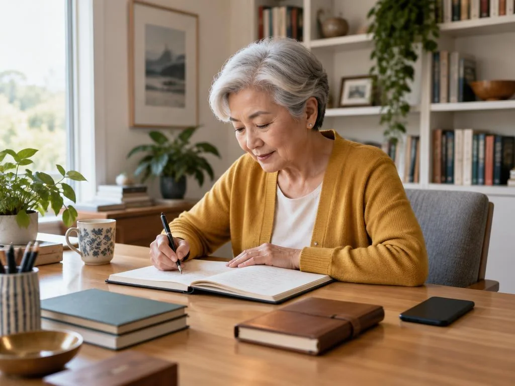 An older adult writing practical notes with a phone and address book nearby.