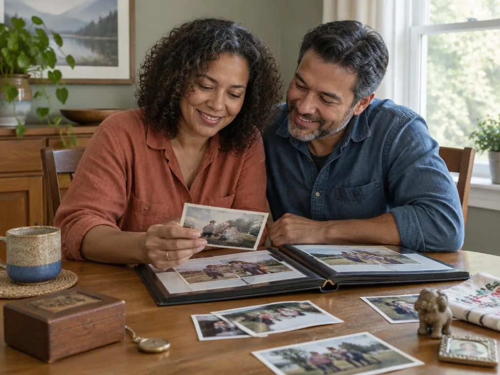 Two adults looking through a photo album and loose family photographs together at a table.
