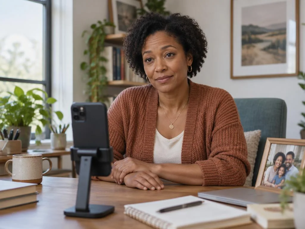 An adult recording a personal message at a home desk beside a framed family photograph.