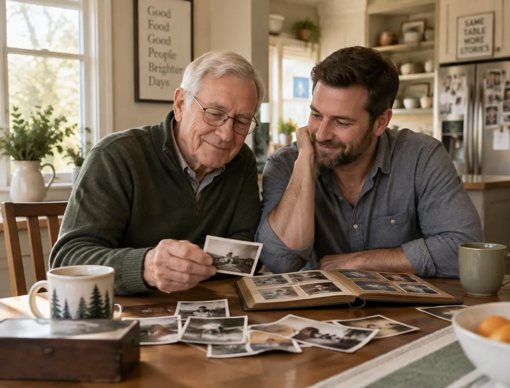 An older father and his adult son looking through old family photographs at a kitchen table.